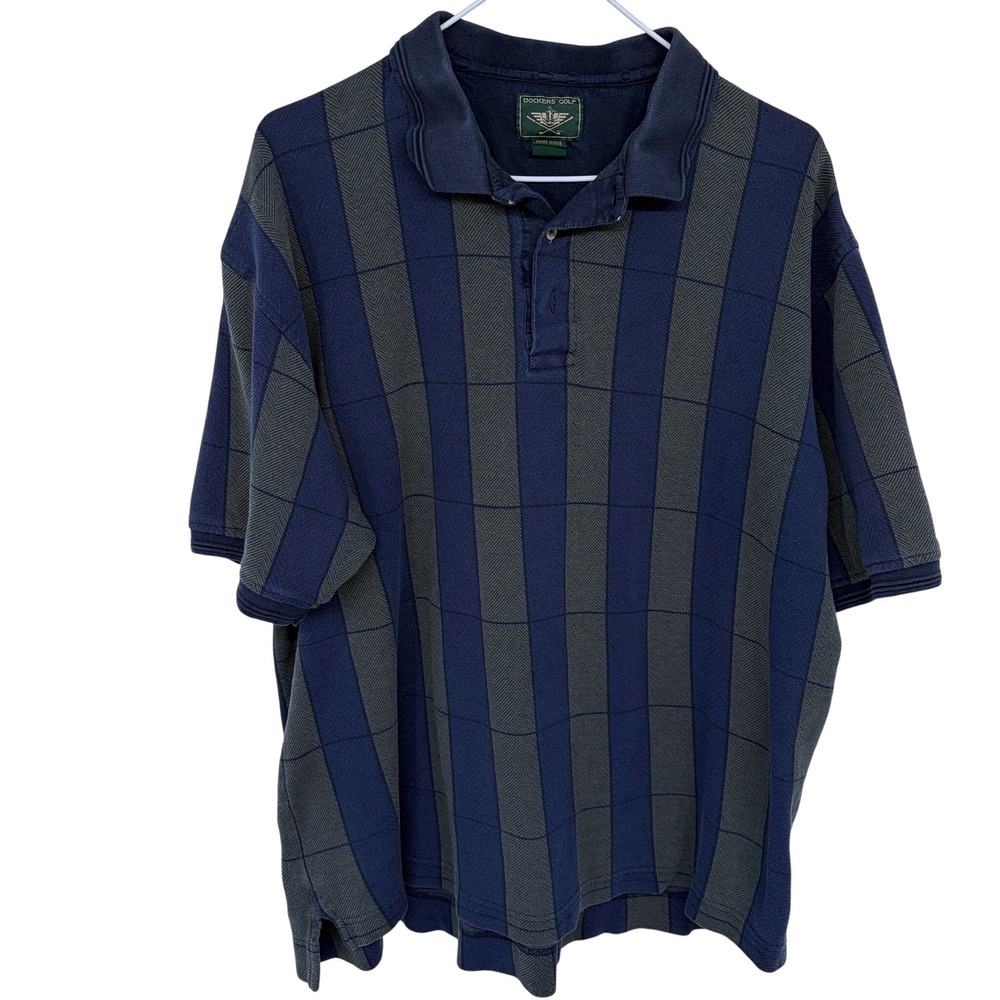 Vintage Dockers Golf Striped Polo Shirt XL Navy‎ Blue Green 90s Grandpa Style